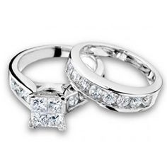 two white gold wedding rings with princess cut diamonds