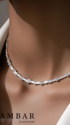 Close-up of the Unbroken Brilliance Necklace, an eternity baguette diamond necklace with single-size diamonds, adding a touch of elegance. Baguette Diamond Necklace, Counting Stars, Diamond Necklace Designs, Baguette Diamonds, Shiny Things, Baguette Diamond, Necklace Designs, Diamond Necklace, Timeless Elegance