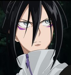 an anime character with black hair and blue eyes