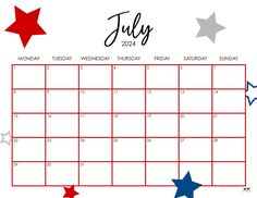 the july calendar with stars on it