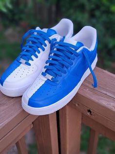 Custom painted Af1's. Split Nipsey blue. Can be done in any color. Nike Uptown, Custom Forces, Air Force One Shoes, Nike Shoes Women Fashion, Burgundy Sneakers, Af1 Custom, Diy Sneakers, Nike Shoes Air Force, Nike Fashion Shoes