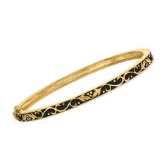 Ross-Simons - Black Enamel Bangle Bracelet in 18kt Gold Over Sterling. 8". Give your getup a fanciful touch with this charming bangle bracelet! Swirls and nature-inspired leaf motifs shine in polished 18kt yellow gold over sterling silver against a bold backdrop of black enamel. Figure 8 safety. Box clasp, black enamel bangle bracelet. Gold And Black Bracelet, Desi Dress, Tube Bracelet, Safety Box, Extraordinary Jewelry, Enamel Bangle, Figure 8, Box Clasp, Heart Drop Earrings