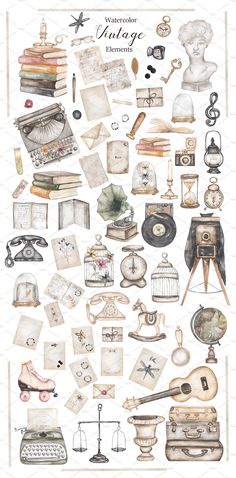 an old fashioned poster with many different things on it, including books and other items