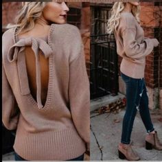 Mauve Color Womens Mauve Sweater, Knitwear Jumper, Open Back Sweater, Robes Glamour, Knot Sweater, Boho Style Tops, Plain Sweaters, Lantern Sleeve Sweater, Straight Clothes