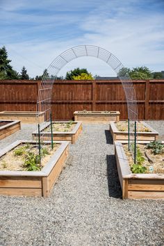 an outdoor vegetable garden with wooden benches and plants in the center, surrounded by gravel