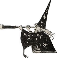 a drawing of a witch playing the flute with stars and moon designs on her hat