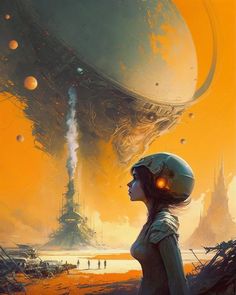 a woman standing in front of an alien ship with her head turned to the side