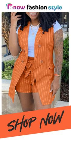 Orange Fashion Casual Striped Print Cardigan Sleeveless Two Pieces Patchwork Cardigan, Striped Two Piece, Two Piece Short Set, Plus Size Two Piece, Khaki Fashion, Sleeveless Cardigan, Blazer And Shorts, Casual Stripes, Turndown Collar