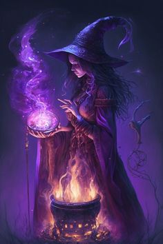 a woman dressed as a witch holding a caulder full of fire and magic