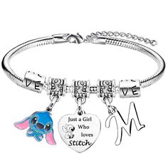 a bracelet with charms that says, just a girl who loves stitch