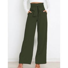 Army Green Bowknot High Waist Wide Leg Pants Casual Belted Wide Leg Pants For Fall, Chic Green Tie-waist Bottoms, Chic Green Bottoms With Tie Waist, Spring Green Pants With Tie Waist, Casual Wide-leg Belted Pants, Chic Wide Leg Pants With Tie Waist For Fall, Fall High-waisted Pants With Tie Waist, Casual Solid Colored Belted Pants, Casual High Waist Wide Leg Pants With Tie Waist