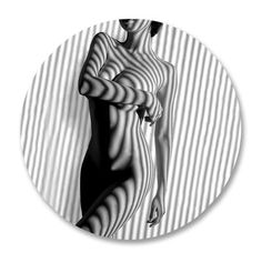 a black and white photo of a woman's body on a circular background with vertical lines