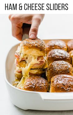 ham and cheese sliders in a white casserole dish with text overlay