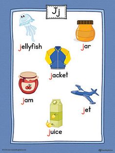 a poster with words and pictures on it that say j is for jellyfish, jacket, jam, jel