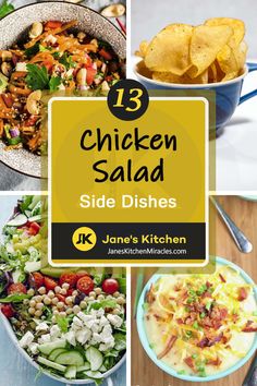 chicken salad side dishes with text overlay that reads 13 chicken salad side dishes