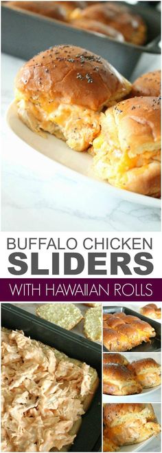 buffalo chicken sliders with hawaiian rolls in the foreground and on the right side