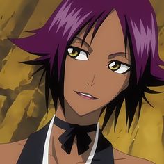 an anime character with purple hair and yellow eyes