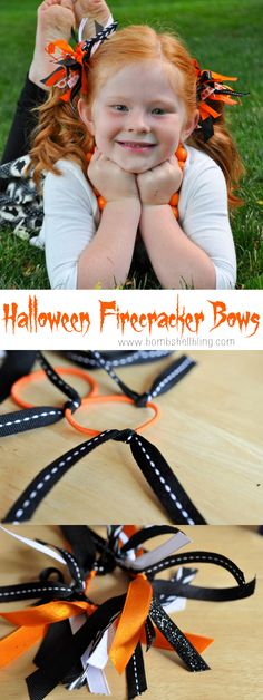 So easy and so CUTE!!!  I'm obsessed with making these for different holidays. Easy Hair Bows With Ribbon, Halloween Bows Diy, Kids Hair Bows, Halloween Hair Bows, Bow Ideas, Hair Bow Tutorial, Halloween Bows, Bow Headband Hairstyles, Hair Ribbons