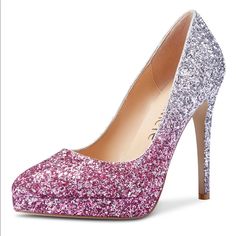 Nwt Castamere High Heel Platform Pumps In Pink Glitter Slip On Rubber Sole Comfortable Microfiber Material Runs True To Size, Standard Us Size, Medium Width Classic Stiletto Pumps With 5 Inch Heels With 0.8" Platform Silver Sequined Round Toe Heels, Silver Glitter Round Toe Heels, Stuart Weitzman Wedges, Platform Crocs, Black Platform Wedges, Mary Jane Platform Shoes, Jeweled Heels, Silver High Heels, Black Platform Sandals