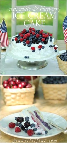 red, white and blue ice cream cake on a table with an american flag decoration