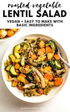 a white bowl filled with vegetables and lentil salad