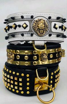 four different types of bracelets stacked on top of each other with gold and black accents