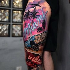 a man with a tattoo on his arm that says miami and an old car in front of palm trees