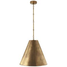 a brass colored pendant light hanging from the ceiling