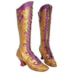 Antique 1890's Cammeyer Couture Gold and Purple Leather Lace-Up Victorian Boots For Sale at 1stDibs | victorian knee high boots, antique victorian lace up boots, vintage boots Boots Victorian, Century Shoes, Victorian Boots, Gold And Purple, Ysl Heels, Snakeskin Heels, Leather Lace Up Boots, Metal Lace, Leather Espadrilles