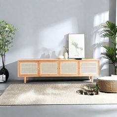 a living room scene with focus on the sideboard and plant in vases next to it