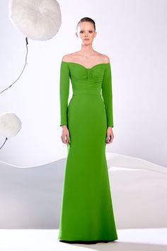 Long Sleeve Ruched Dresses For Banquet, Ruched Long Sleeve Dresses For Banquet, Off-shoulder Dress With Fitted Bodice For Evening, Fitted Green Off-shoulder Dresses, Green Ruched Dress For Gala, Green Evening Dress With Straight Neckline, Elegant Fitted Green Off Shoulder Dress, Elegant Fitted Green Off-shoulder Dress, Fitted Bodice Off Shoulder Dress For Banquet