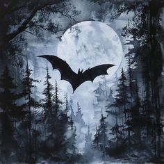 a black and white painting of a bat flying in front of a full moon surrounded by trees