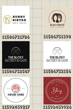 the logos for different restaurants are shown in various colors and font styles, including red, white