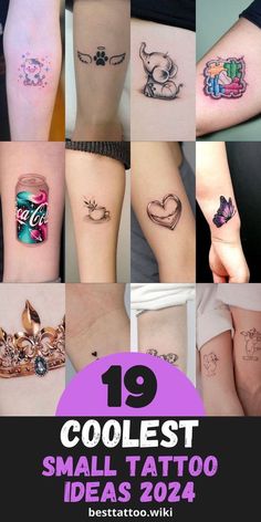 many different small tattoos on the legs and ankles are shown in this collage with text that reads 19 coolest small tattoo ideas