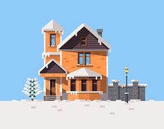 a house with snow on the ground in front of it and a light pole next to it