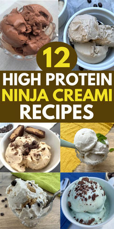 Pictures of 6 high protein ice creams including chocolate, cottage cheese, peanut butter and vanilla. Healthy Ninja Creami Recipe Protein, Chocolate Protein Ice Cream Recipe, High Protein Ice Cream Ninja Creami, Ninja Cream Recipe Protein, Low Calorie Protein Ice Cream, Keto Frozen Desserts, Ninja Creami Healthy Recipes Easy, Ninja Creami Ice Cream Recipes Protein Shake