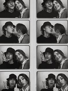 four black and white photos of people making the peace sign