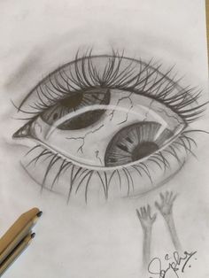 a pencil drawing of an eye with long eyelashes and hand reaching up to the viewer