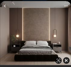 a large bed sitting in the middle of a bedroom next to a night stand with lights on it