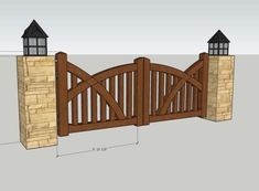 a wooden gate with two lights on each side