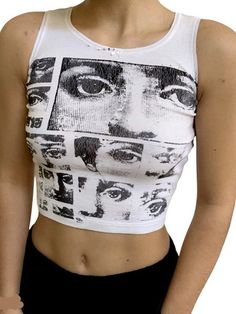 Crop Top And Sweats, Eye Graphic, Harajuku Women, White Crop Tank, White Crop Top Tank, Black Crop Top Tank, Casual Chique, Crop Top Dress, Graphic Tank Tops