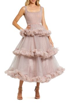 Be sweetly spotted in a party dress decked in rows of ruffles and frothed with frills. 48 1/2" length Hidden back-zip closure Square neck Sleeveless Lined 100% polyester Spot clean Imported Asian & Pacific Islander Owned/Founded Pink Tea Length Ruffled Dress, Pink Ruffled Tea Length Dress, Pink Tea-length Ruffled Dresses, Pink Ruffled Tea-length Dresses, Tiered Polka Dot Dress With Ruffles, Polka Dot Tiered Dress With Ruffles, Polka Dot Ruffled Evening Dress, Polka Dot Ruffled Dress For Evening, Polka Dot Ruffle Dress For Evening