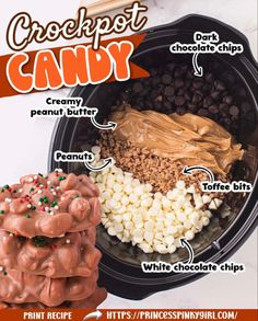 an image of the ingredients for a recipe in a crockpot candy bowl with chocolate chips and marshmallows