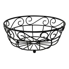 a black metal bowl with swirl designs on the rim and handle is shown against a white background