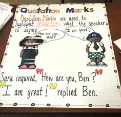 a bulletin board with two children talking to each other on top of a wooden table