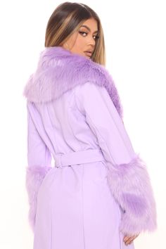 Available In Lavender And Burgundy. Faux Leather Coat Faux Fur Trim Button Down Belted Pockets Self: 100% Polyurethane Backing: 100% Rayon Faux Fur: 100% Acrylic Lining: 100% Polyester Imported | Nights In Paris Coat in Lavender size Medium by Fashion Nova Lavender Fashion, Faux Leather Coat, Faux Fur Coat, Fur Trim, Leather Coat, Jacket Style, Soft Colors, Fashion Nova, Fur Coat