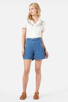 mid-denim Denim Knee-length Shorts With Belt Loops, Embroidered Mid-rise Cotton Shorts, High-waisted Denim Shorts With Patch Pockets, Denim Blue High-waisted Shorts With Belt Loops, High-waisted Denim Shorts With Elastic Waistband, Picnic Dress, Baby Outerwear, Blouse Pants, Embroidered Shorts