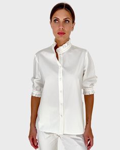 BEAUTIFUL 100% COTTON RUFFLE COLLAR SHIRT WITH BALLOON SLEEVE SHIRT IN WHITE. MADE IN LAKE COMO ITALY. Ruffle Collar Shirt, Balloon Sleeve Shirt, Lake Como Italy, Beach Boutique, Cashmere Poncho, Como Italy, Lace Jacket, Scarf Poncho, Ruffle Collar