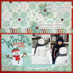 a scrapbook page with two snowmen in the middle and one wearing a hat