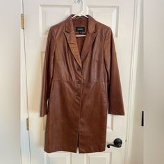 Express Brown Genuine Leather Jacket, Size 5/6, Great Condition Fall Workwear Leather Long Jacket, Spring Leather Long Coat For Work, Spring Workwear Leather Long Coat, Spring Long Leather Jacket For Work, Spring Workwear Long Leather Jacket, Leather Long Sleeve Blazer For Fall, Long Sleeve Leather Blazer For Fall, Brown Leather Jacket With Notch Lapel For Spring, Brown Notch Lapel Leather Jacket For Spring